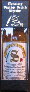 Signatury Vintage Scotch Whisky
Vintage 1970
Single Highland Malt Scotch Whisky
Matured in oak wood for 19 years
Distilled at the Aberlour - Glenlivet Distillery
bottle no 2349 of 2400
46%