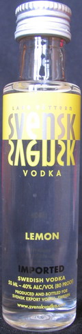 Svensk vodka lemon
lake vättern
imported swedish vodka
100% grain neutral spirits
Svensk export vodka, Stockholm, Sweden
40%