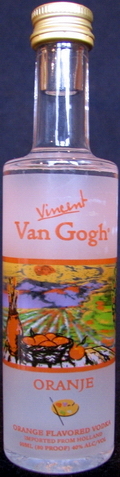 Oranje
Vincent Van Gogh
orange flavored vodka
100% grain neutral spirit
distilled and bottled in Schiedam, Holland by Royal Dirkzwager Distilleries
Van Gogh Oranje - a Dutch masterpiece
40%