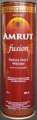 Amrut
fusion
single malt whisky
aged in oak barrels
product of India
since 1948
distilled, matured and bottled by
Amrut Distilleries Limited
(N. R. Jagdale Group)
Kambipura, Bangalore, India
50%