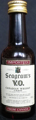 Seagram`s
imported
V.O.
canadian whisky
a blend
of Canada`s finest whiskies
distilled, aged, blended and bottled under
the supervision of the canadian government
this whisky is six years old
blended and bottled in Canada by
Joseph E. Seagram & Sons Limited
Waterloo, Ontario, Canada
distillers since 1857
from Canada
40%