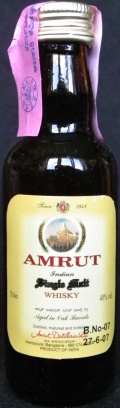 Amrut
Since AD 1948
Indian
Single Malt
whisky
Aged in Oak Barrels
distilled, matured and bottled by
Amrut Distilleries Ltd.
(N.R. Jagdale Group)
Kambipura, Bangalore, India
product of India
40%