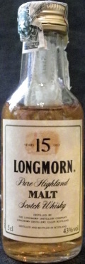 Longmorn
years 15 old
Pure Highland
Malt
Scotch Whisky
distilled by The Longmorn Distillery Company
Longmorn Distillery, Elgin, Scotland
distilled and bottles in Scotland
43%