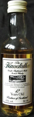 The Knockdhu
Single Highland Malt
Scotch Whisky
12 years old
Distilled and Matured in Scotland by
The Knockdhu Distillery Co, Banffshire
bottled in Scotland
produce of Scotland
43%