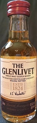 The Glenlivet
single malt scotch whisky
The Master Distiller`s Reserve
solera vatted
Estd. 1824
Alan Winchester master distiller of The Glenlivet
Smooth flowing one
Estd. George & J. G. Smith 1824
distilled, matured and bottled in Scotland
The Glenlivet Distillery, Banffshire
40%