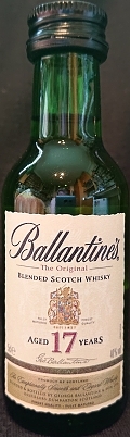 Ballantine`s
The Original
Blended Scotch Whisky
fully matured
finest quality
aged 17 years
product of Scotland
An Exceptionally Smooth and Elegant Whisky
blended & bottled by George Ballantine & Son Ltd.
Distillers Dumbarton Scotland
40%