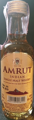 Amrut
since 1948
Indian
Single Malt Whisky
Distillers for over three generations
Distilled, matured and bottled by Amrut Distilleries Pvt. Ltd. (N.R. Jagdale Group)
product of India
Kambipura, Bengaluru, India
46%
