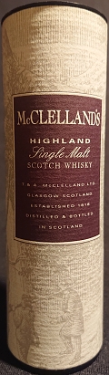 McClelland's
Highland
Single malt
Scotch whisky
T. & A. McClelland Ltd. Glasgow Scotland
established 1818
distilled & bottled in Scotland
40%