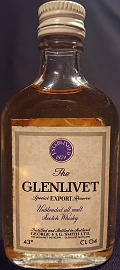 The Glenlivet
Established 1824
Special Export Reserve
Unblended all malt
Scotch Whisky
Distilled & bottled in Scotland
George & J. G. Smith Ltd.
The Glenlivet Distillery, Glenlivet, Scotland
43°