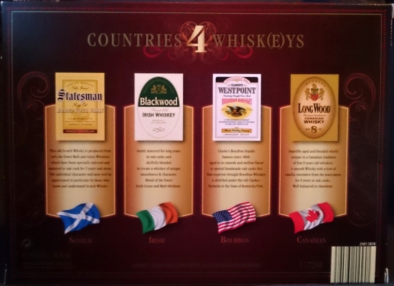 4 countries whisk(e)ys
Scotch - Irish - Bourbon - Canadian
Statesman blended scotch whisky
Blackwood irish whiskey
Westpoint bourbon whiskey
LongWood canadian whisky